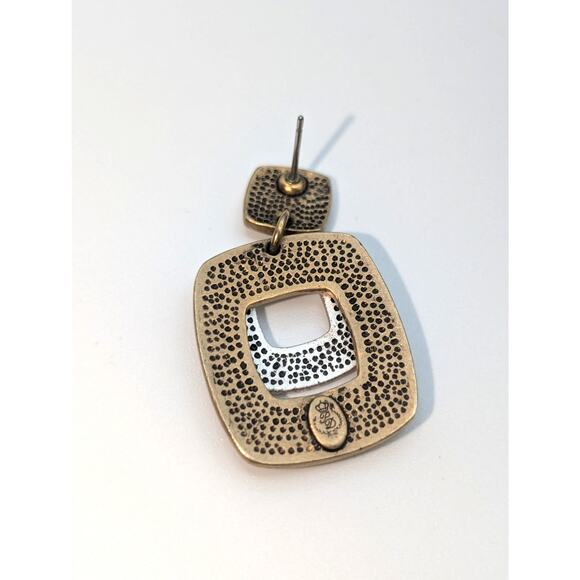 Premier Design Two Tone Square Drop Dangle Post Earrings - Picture 2 of 4